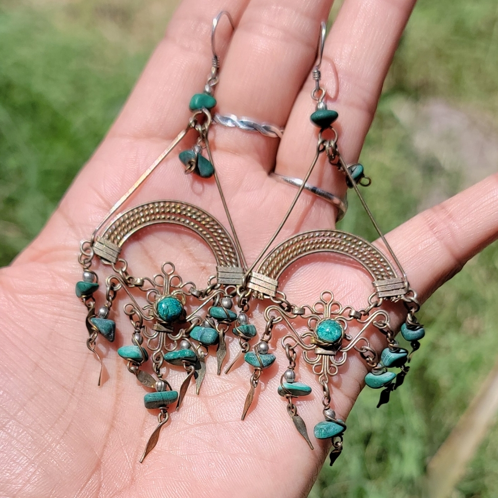 Vintage bohemian bronze Chrysocolla 925 sterling silver chandelier ornate earrin